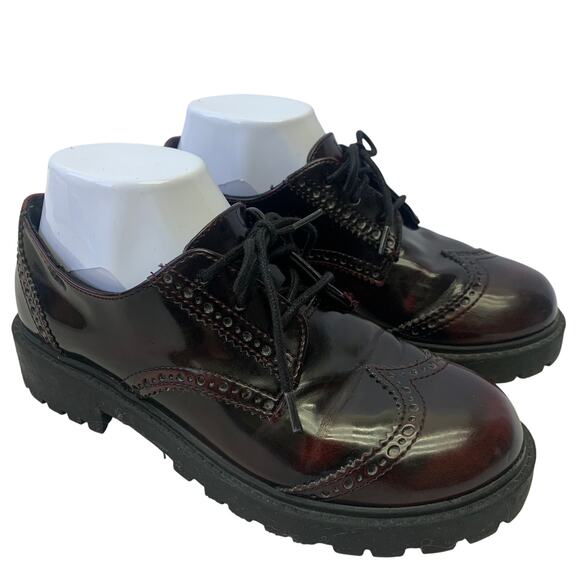 Divided Sz 6 Y2K Deep Red Maroon Chunky Derby Oxford Wide Heel Academia Shoes - Picture 1 of 10
